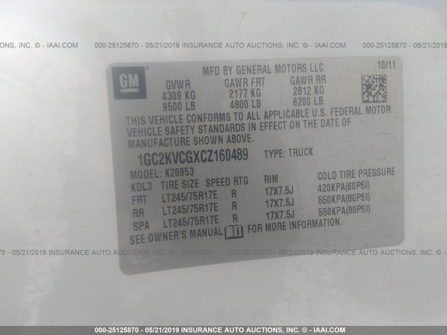 1GC2KVCGXCZ160489 - 2012 CHEVROLET SILVERADO K2500 HEAVY DUTY WHITE photo 9