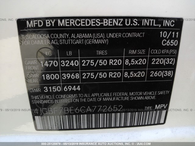 4JGBF7BE6CA772652 - 2012 MERCEDES-BENZ GL 450 4MATIC WHITE photo 9