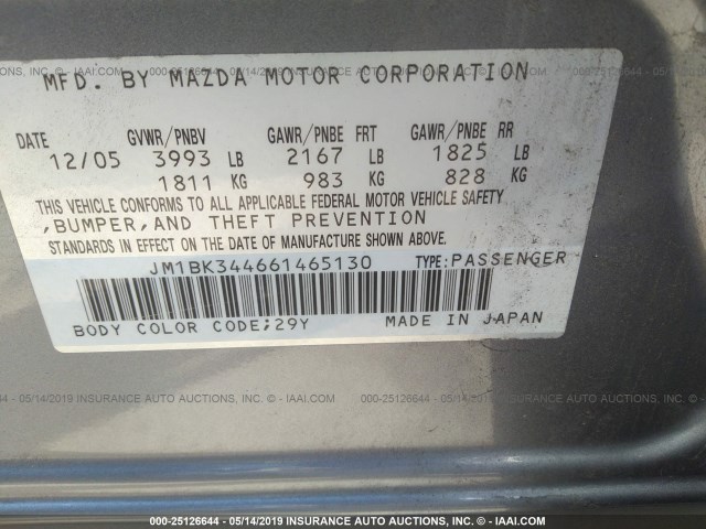 JM1BK344661465130 - 2006 MAZDA 3 HATCHBACK GRAY photo 9