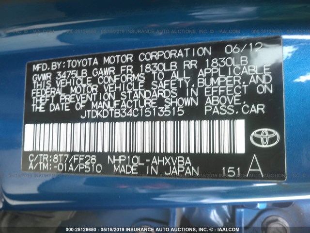 JTDKDTB34C1513515 - 2012 TOYOTA PRIUS C BLUE photo 9