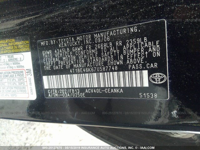4T1BE46K67U587748 - 2007 TOYOTA CAMRY NEW GENERAT CE/LE/XLE/SE BLACK photo 9
