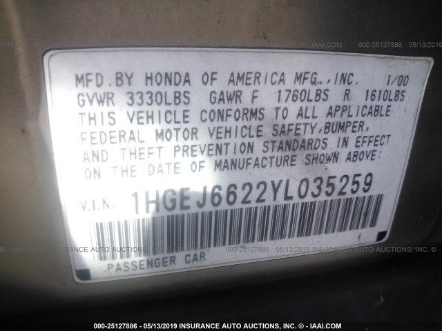 1HGEJ6622YL035259 - 2000 HONDA CIVIC DX GOLD photo 9