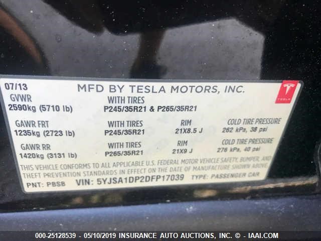 5YJSA1DP2DFP17039 - 2013 TESLA MODEL S BLACK photo 9