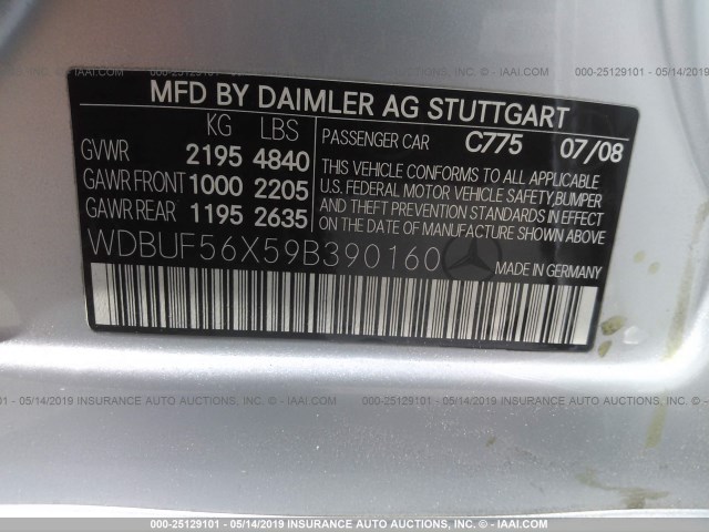 WDBUF56X59B390160 - 2009 MERCEDES-BENZ E 350 SILVER photo 9