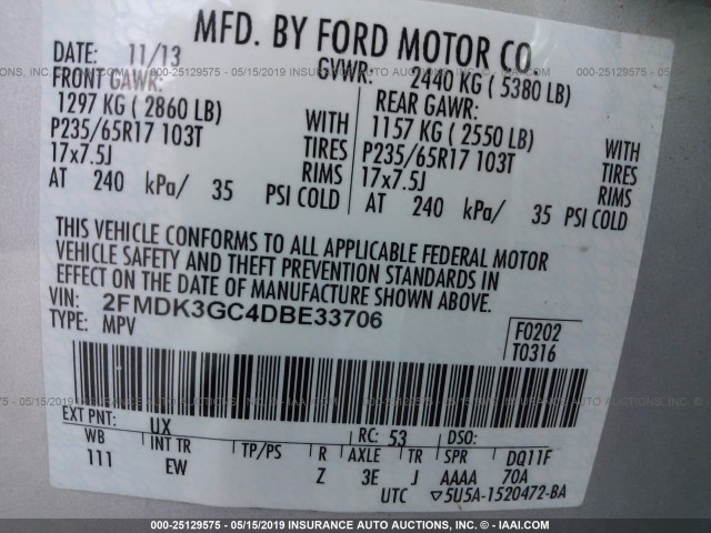 2FMDK3GC4DBE33706 - 2013 FORD EDGE SE SILVER photo 9