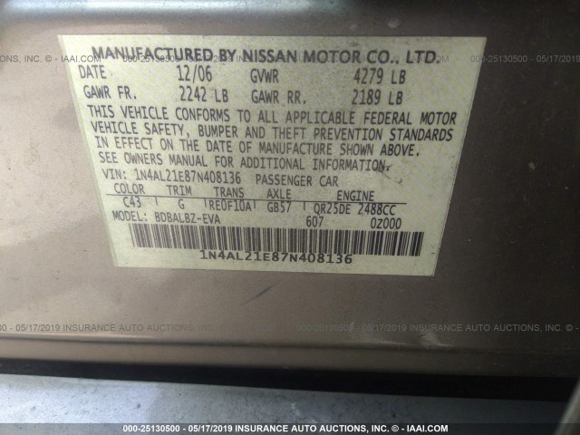 1N4AL21E87N408136 - 2007 NISSAN ALTIMA 2.5/2.5S GOLD photo 9