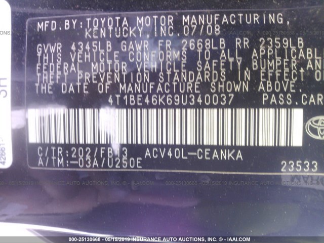 4T1BE46K69U340037 - 2009 TOYOTA CAMRY SE/LE/XLE 黑色 照片 9