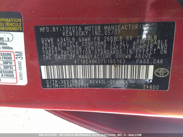 4T1BE46K57U165163 - 2007 TOYOTA CAMRY NEW GENERAT CE/LE/XLE/SE RED photo 9