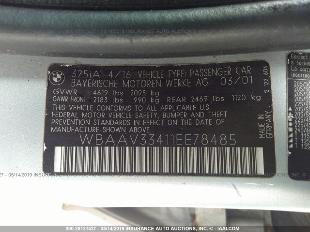 WBAAV33411EE78485 - 2001 BMW 325 I SILVER photo 9