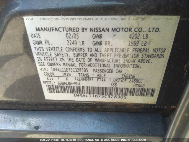 1N4AL11D75C328305 - 2005 NISSAN ALTIMA S/SL SILVER photo 9