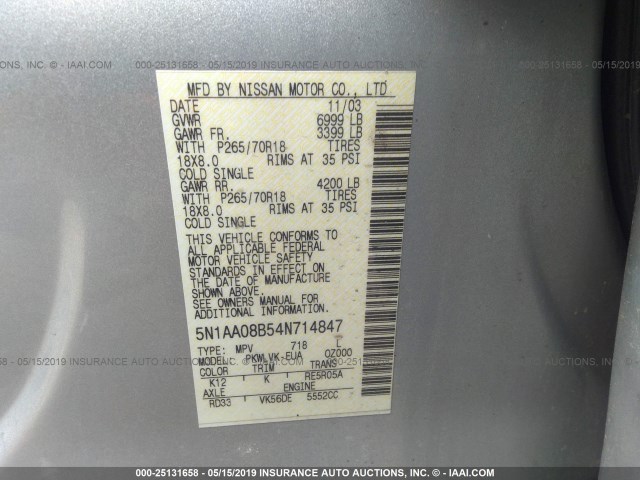 5N1AA08B54N714847 - 2004 NISSAN ARMADA SE/LE SILVER photo 9