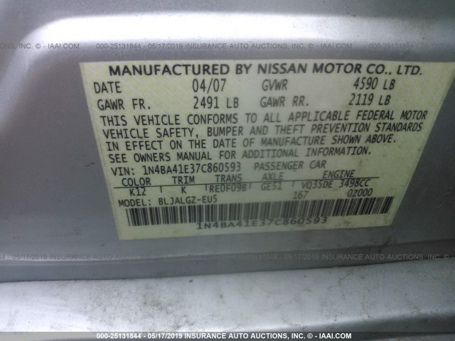 1N4BA41E37C860593 - 2007 NISSAN MAXIMA SE/SL SILVER photo 9