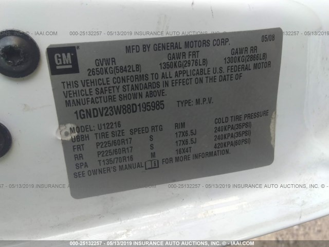 1GNDV23W88D195985 - 2008 CHEVROLET UPLANDER LS WHITE photo 9