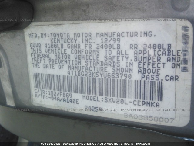 4T1BG22K5YU663790 - 2000 TOYOTA CAMRY CE/LE/XLE GRAY photo 9