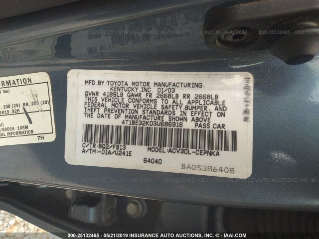 4T1BE32K03U686916 - 2003 TOYOTA CAMRY LE/XLE/SE BLUE photo 9