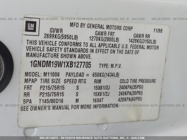 1GNDM19W1XB127705 - 1999 CHEVROLET ASTRO WHITE photo 9