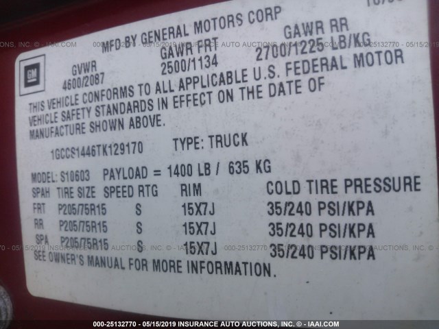 1GCCS1446TK129170 - 1996 CHEVROLET S TRUCK S10 RED photo 9