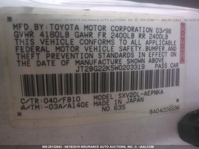 JT2BG22K5W0203319 - 1998 TOYOTA CAMRY CE/LE/XLE WHITE photo 9