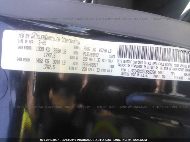 1J4GS48KX5C656390 - 2005 JEEP GRAND CHEROKEE LAREDO/COLUMBIA/FREEDOM 黑色 照片 9