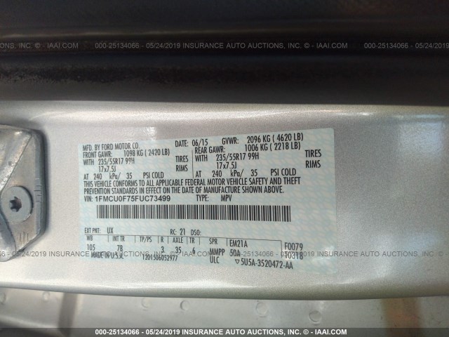 1FMCU0F75FUC73499 - 2015 FORD ESCAPE S SILVER photo 9