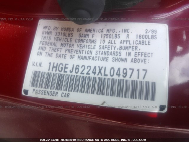 1HGEJ6224XL049717 - 1999 HONDA CIVIC DX RED photo 9