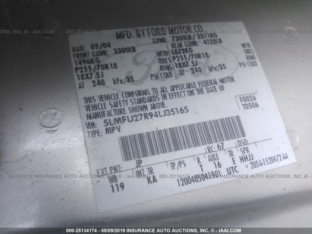 5LMFU27R94LJ35165 - 2004 LINCOLN NAVIGATOR Argent photo 9