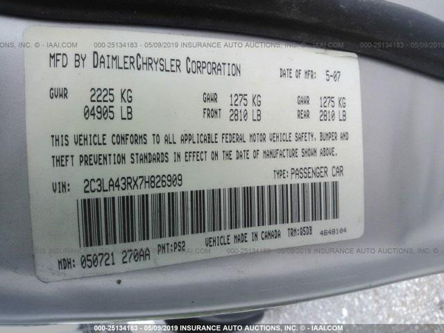 2C3LA43RX7H826909 - 2007 CHRYSLER 300 SILVER photo 9