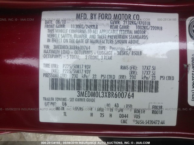 3MEDM0L3XBR600764 - 2011 MERCURY MILAN HYBRID RED photo 9