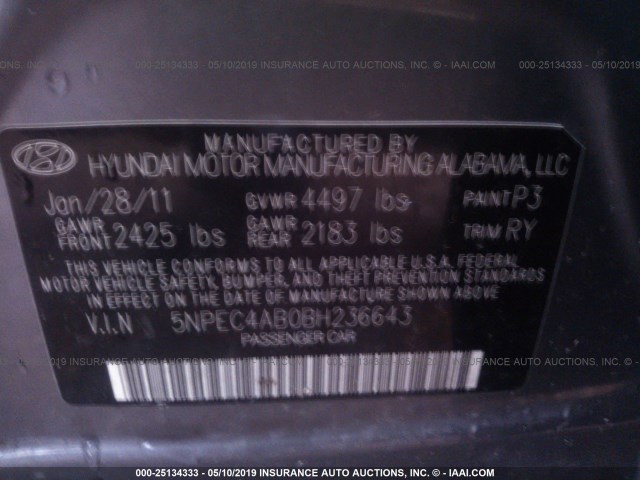 5NPEC4AB0BH236643 - 2011 HYUNDAI SONATA SE/LIMITED GRAY photo 9