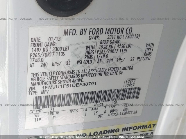 1FMJU1F51DEF30791 - 2013 FORD EXPEDITION XL WHITE photo 9
