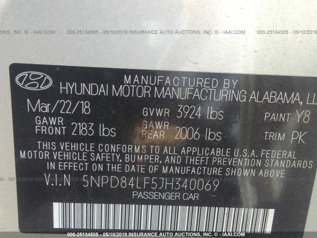 5NPD84LF5JH340069 - 2018 HYUNDAI ELANTRA SEL/VALUE/LIMITED SILVER photo 9