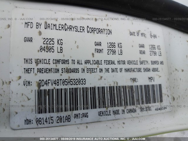 2D4FV48T05H532033 - 2005 DODGE MAGNUM SE WHITE photo 9