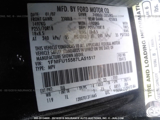 1FMFU15587LA51517 - 2007 FORD EXPEDITION XLT BLACK photo 9