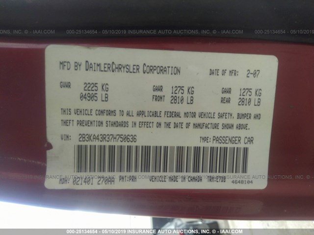 2B3KA43R37H750636 - 2007 DODGE CHARGER SE/SXT RED photo 9