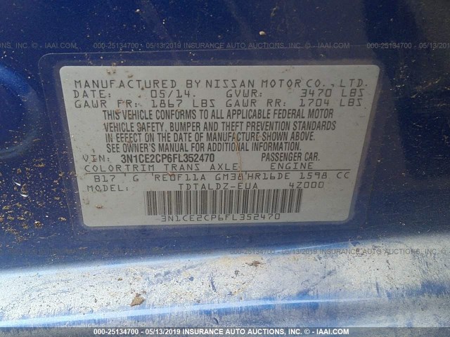 3N1CE2CP6FL352470 - 2015 NISSAN VERSA NOTE S/S PLUS/SV/SL/SR BLUE photo 9