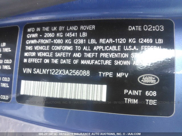 SALNY122X3A256088 - 2003 LAND ROVER FREELANDER SE BLUE photo 9