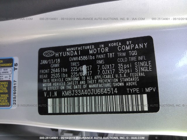 KM8J33A40JU664514 - 2018 HYUNDAI TUCSON LIMITED/SPORT AND ECO/SE SILVER photo 9