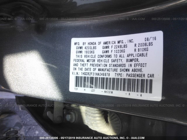 1HGCR2F31HA046878 - 2017 HONDA ACCORD LX GRAY photo 9