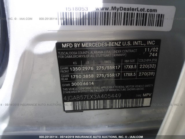 4JGAB57EX3A405449 - 2003 MERCEDES-BENZ ML 350 SILVER photo 9