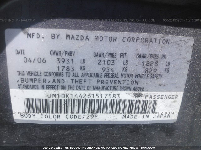 JM1BK144261517583 - 2006 MAZDA 3 HATCHBACK GRAY photo 9