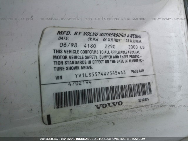 YV1LS5574W2545443 - 1998 VOLVO S70 WHITE photo 9