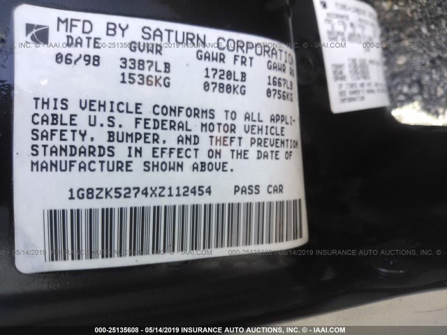 1G8ZK5274XZ112454 - 1999 SATURN SL2 GRAY photo 9