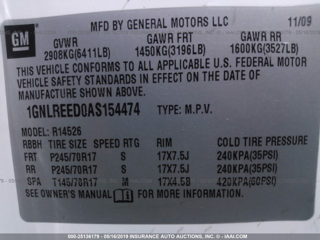 1GNLREED0AS154474 - 2010 CHEVROLET TRAVERSE LS WHITE photo 9