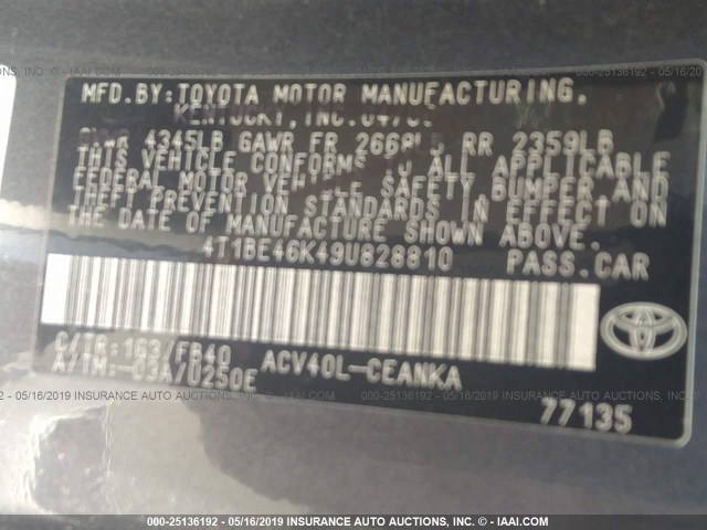 4T1BE46K49U828810 - 2009 TOYOTA CAMRY SE/LE/XLE GRAY photo 9