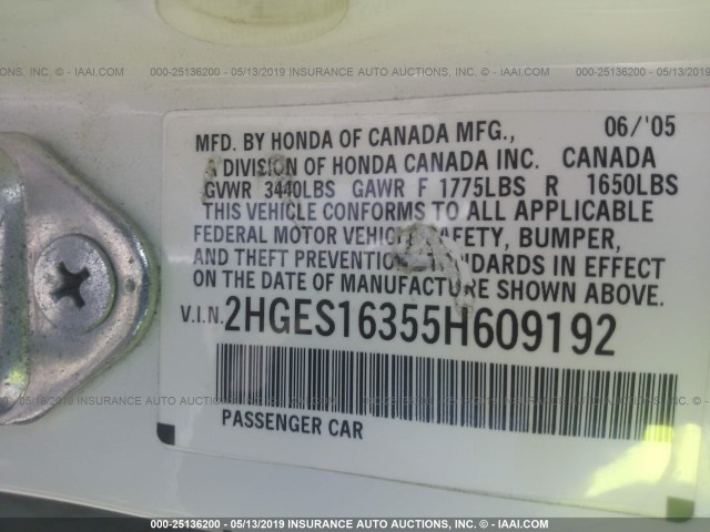 2HGES16355H609192 - 2005 HONDA CIVIC DX VP WHITE photo 9