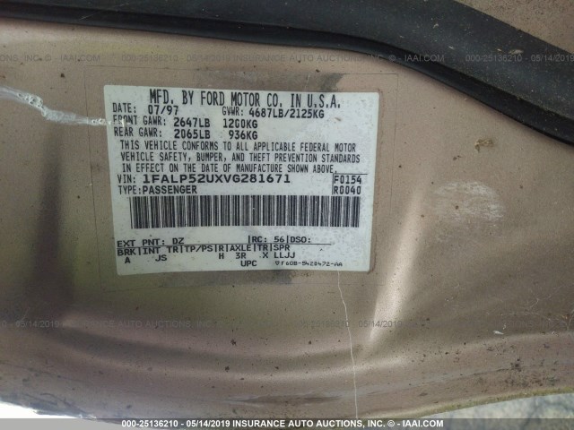 1FALP52UXVG281671 - 1997 FORD TAURUS GL GOLD photo 9