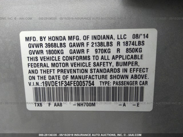 19VDE1F34FE005754 - 2015 ACURA ILX 20 SILVER photo 9