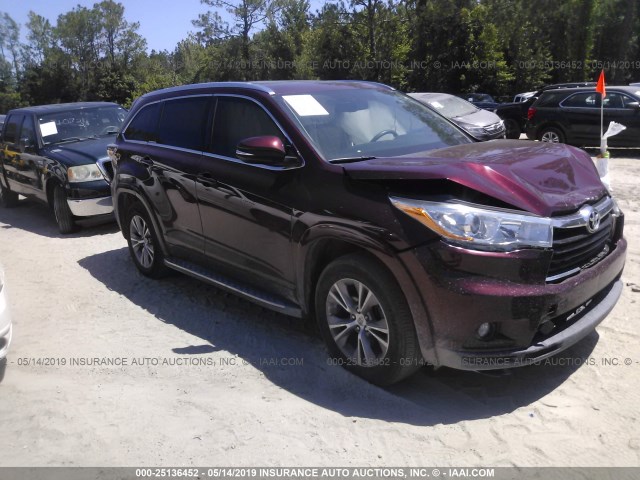 5TDKKRFH1FS096778 - 2015 TOYOTA HIGHLANDER XLE MAROON photo 1