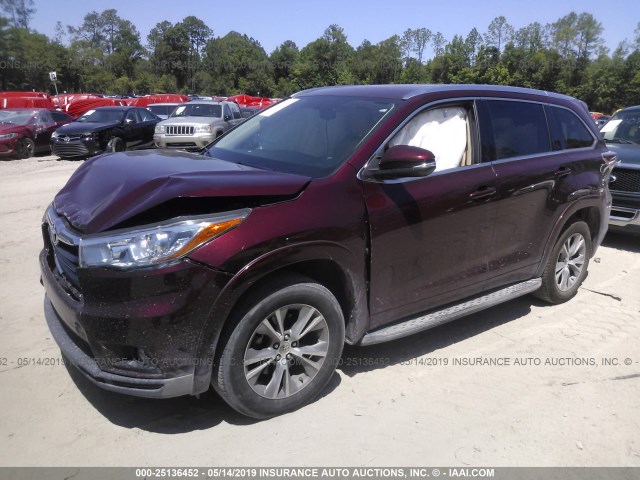 5TDKKRFH1FS096778 - 2015 TOYOTA HIGHLANDER XLE MAROON photo 2