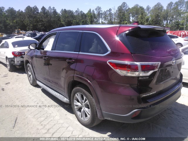 5TDKKRFH1FS096778 - 2015 TOYOTA HIGHLANDER XLE MAROON photo 3